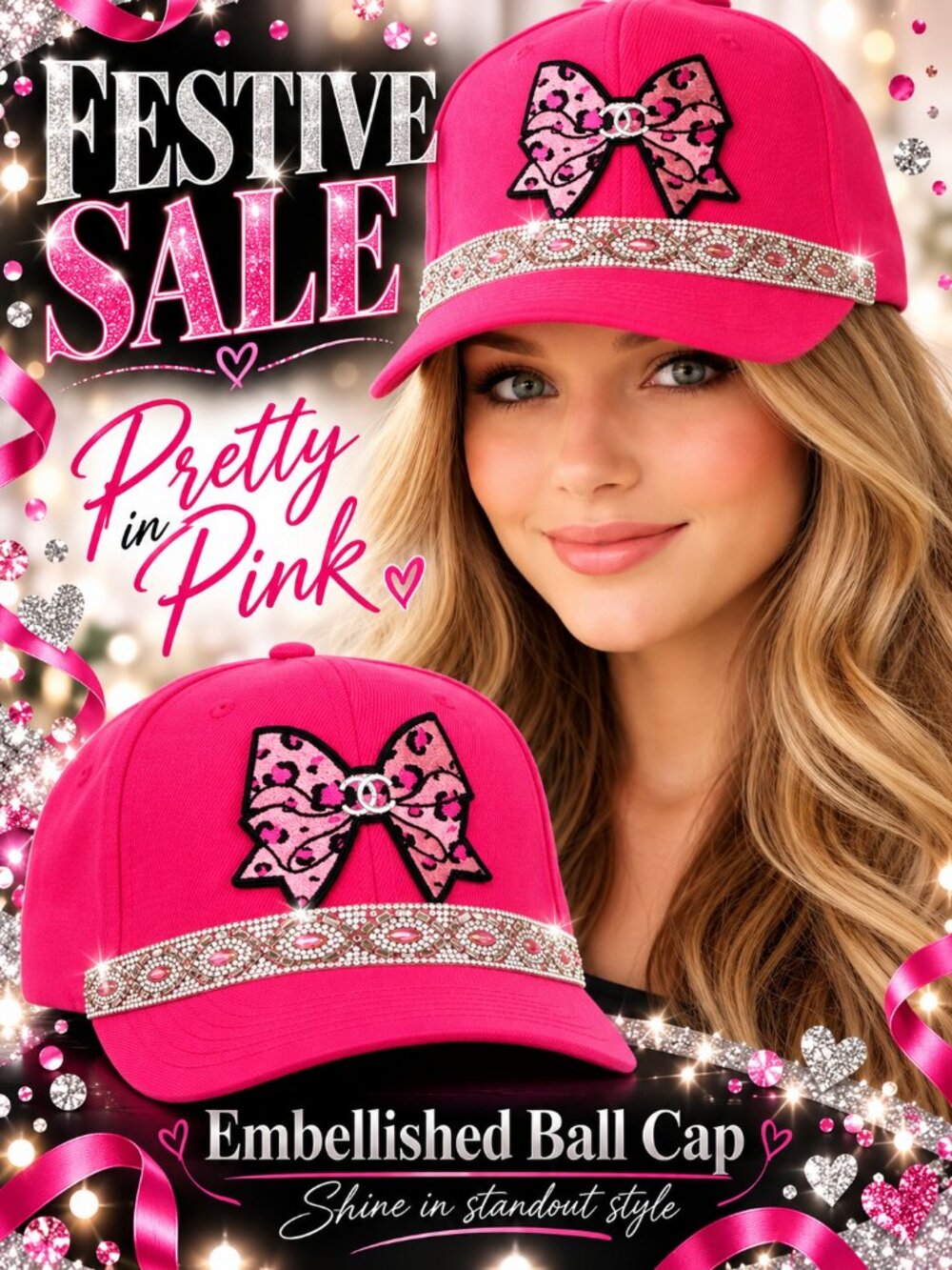Pink Bow Rhinestone Ball Cap